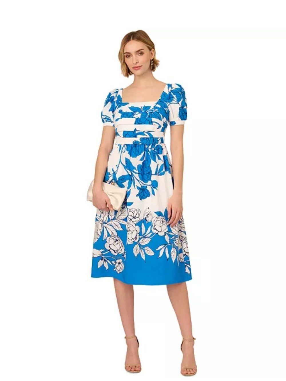 Adrianna Papell Blue White Floral Midi Dress Puff Sleeve Square Neck Size 2 NWT